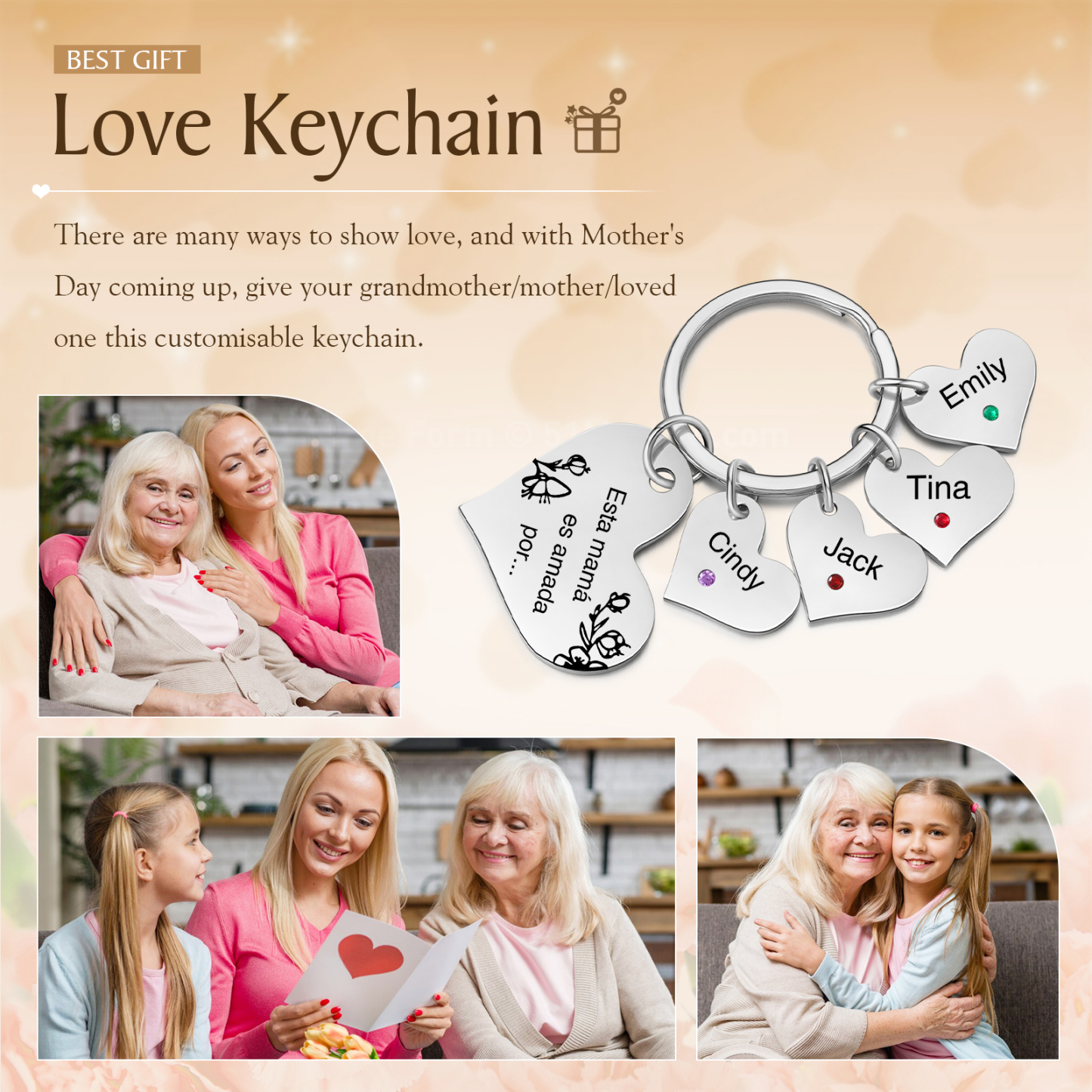 A mi mamá/abuela - Llavero con 4 nombres y piedras de nacimiento personalizados en corazones con texto-Jessemade ES