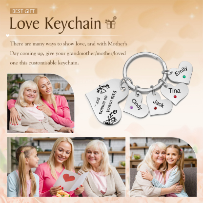 A mi mamá/abuela - Llavero con 4 nombres y piedras de nacimiento personalizados en corazones con texto-Jessemade ES