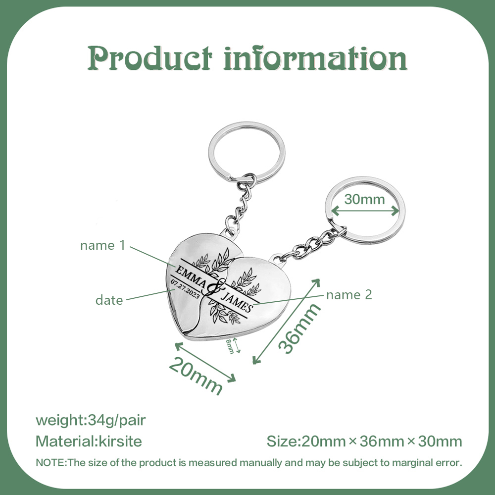 Llavero de corazón para pareja "Juntos un corazón completo" 2 nombres personalizados con fecha-Jessemade ES