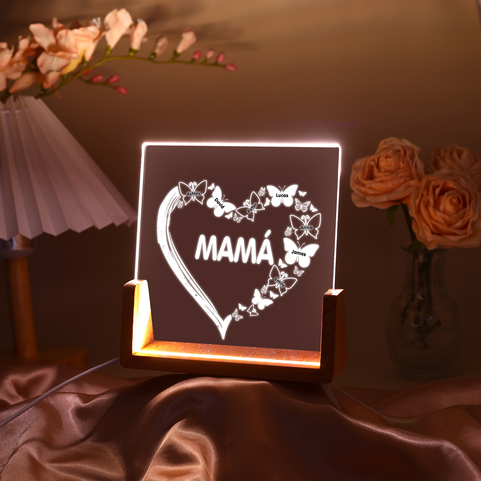 A mi mamá/abuela-Lámpara Personalizada con 2-8 Nombres y 1 Texto "corazón y mariposas" 3D Ilusión Luz de Noche-Jessemade ES