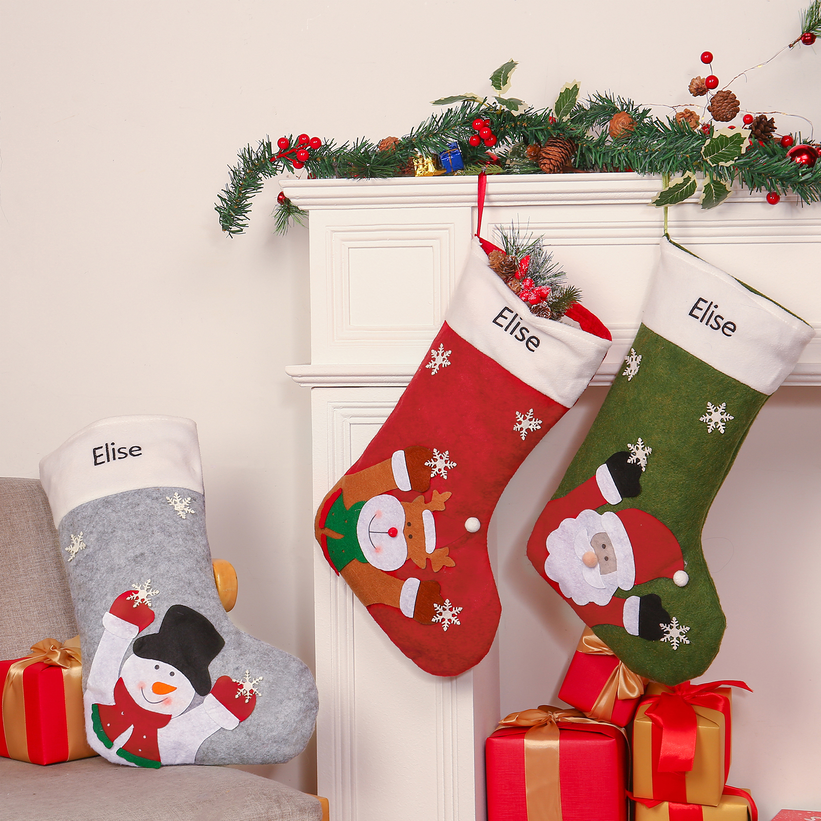 Adornos de medias navideñas con muñeco Bolsa de regalo 1 Nombre personalizado-Jessemade ES