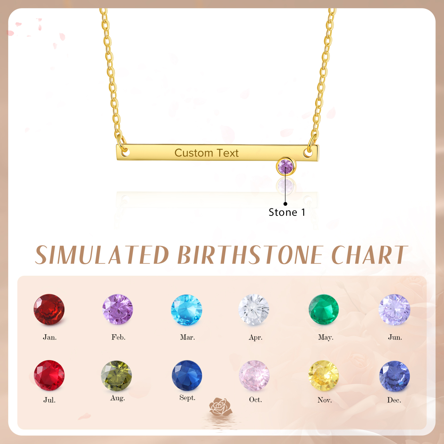 Collar con colgante de placa con 1-4 piedras de nacimiento personalizadas con texto-Jessemade ES