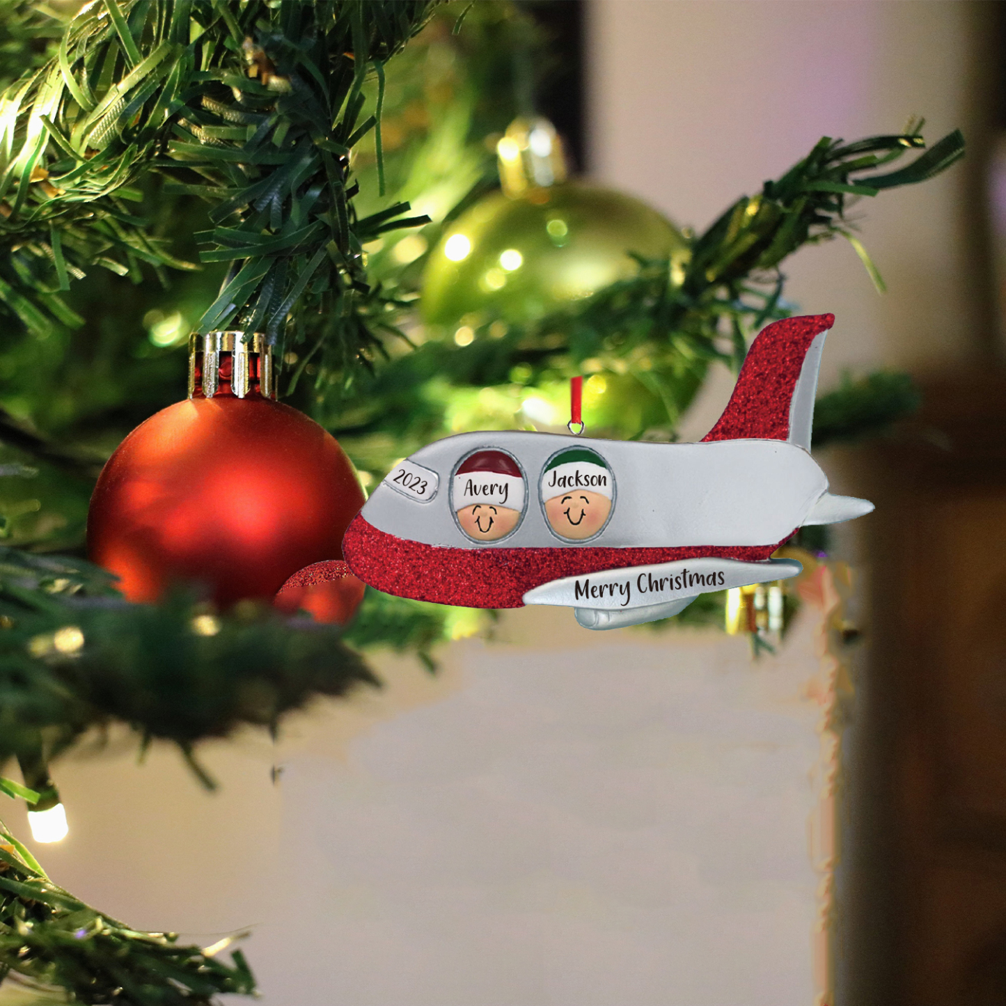 Navidad-Ornamento muñecos navideño de madera viaje en avión 2 nombres, 1 texto y 1 año personalizados adorno del árbol-Jessemade ES