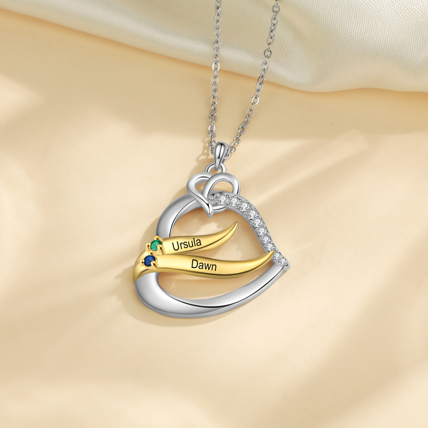Collar en corazón con 2-5 nombres personalizados y 2-5 piedras de nacimiento-Jessemade ES