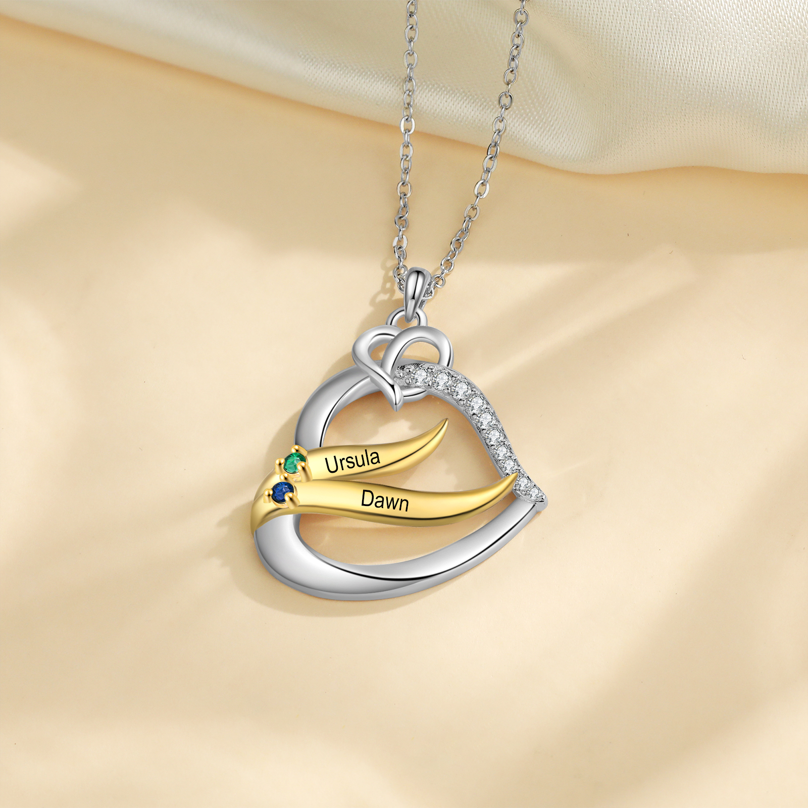 Collar en corazón con 2-5 nombres personalizados y 2-5 piedras de nacimiento-Jessemade ES
