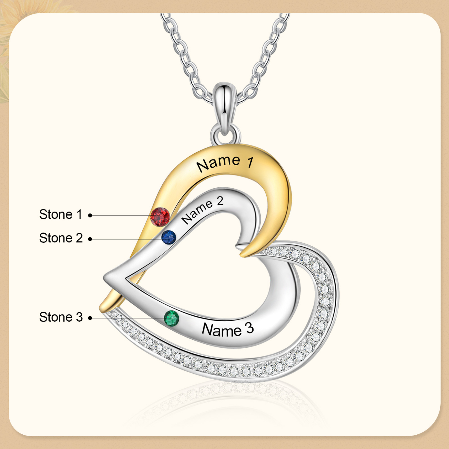 Collar de corazón de plata 925 con 3 nombres y piedras de nacimiento personalizado-Jessemade ES