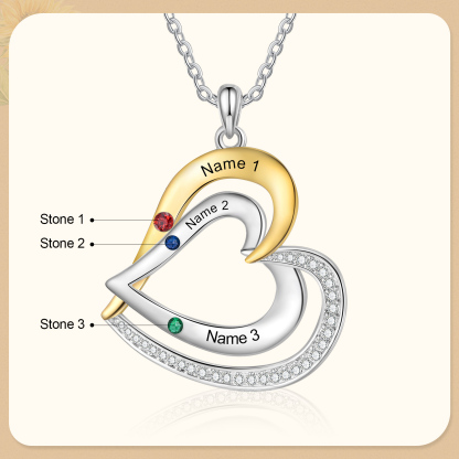 Collar de corazón de plata 925 con 3 nombres y piedras de nacimiento personalizado-Jessemade ES