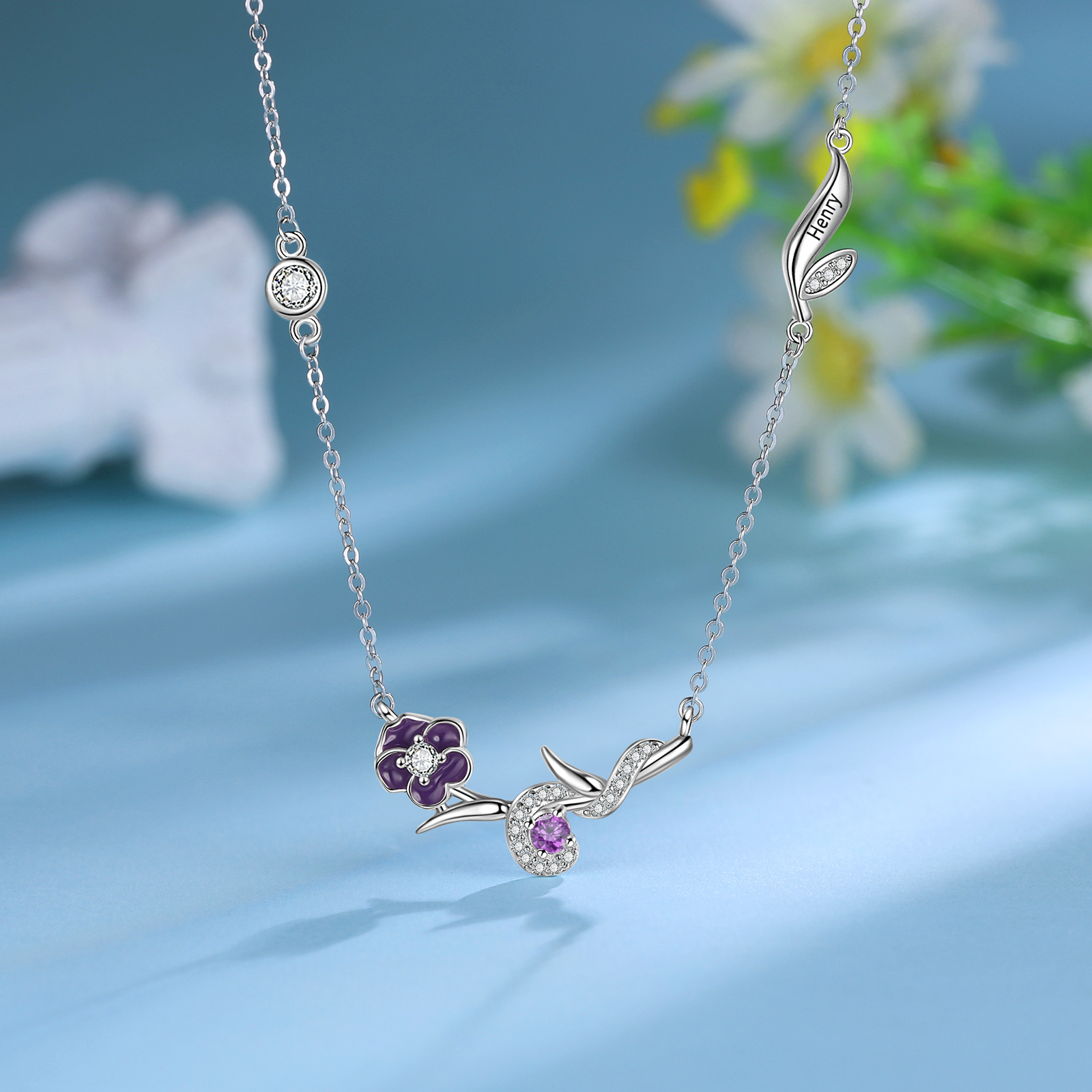 Collar de flor de febrero violeta con nombre personalizado y piedra de nacimiento-Jessemade ES