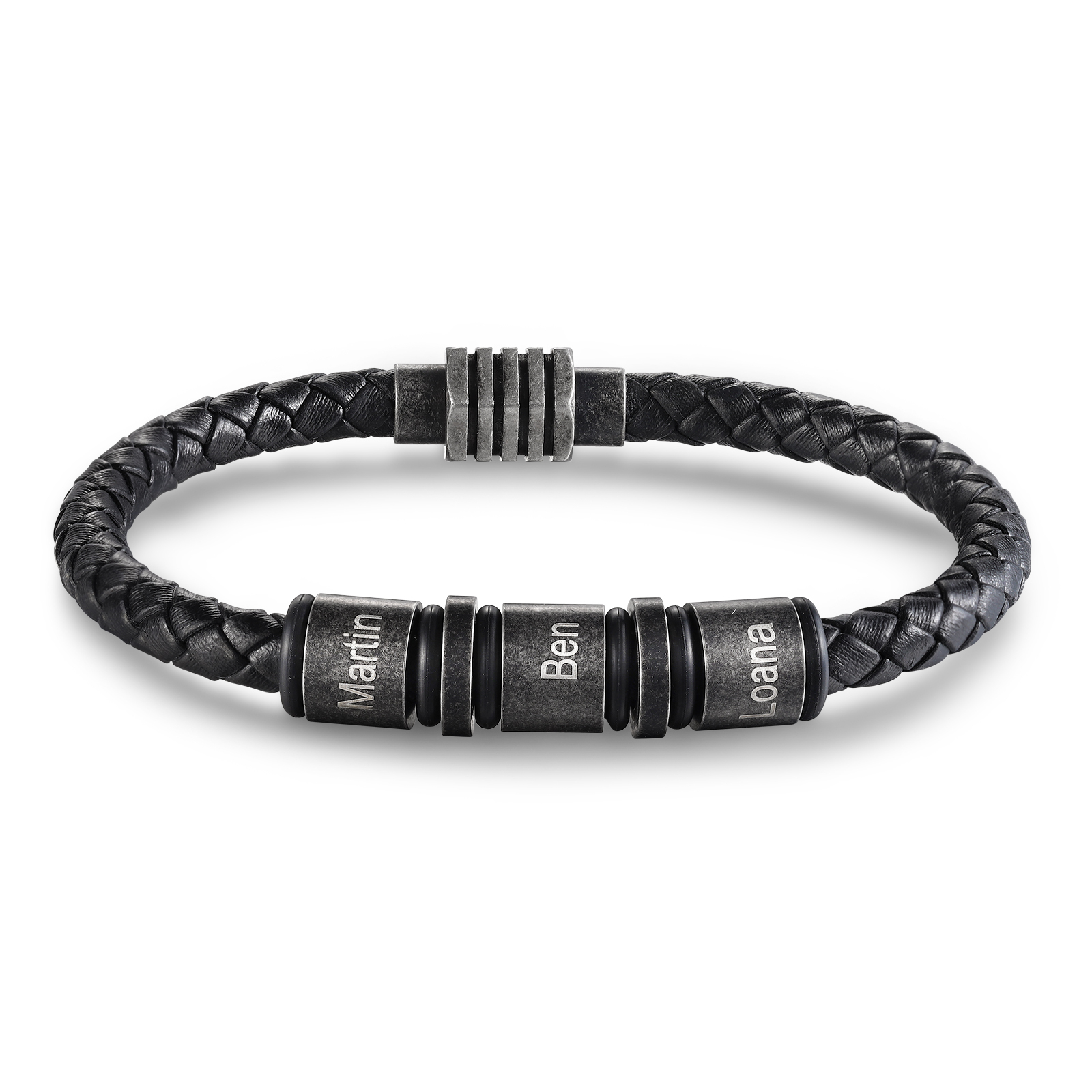 Pulsera de cuero trenzado con 3 aros 3 nombres personalizados pulsera de hombre -Jessemade ES