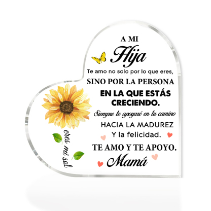 A mi hija-Placa de acrílico en forma de corazón de girasol con 1 nombre personalizado-Jessemade ES