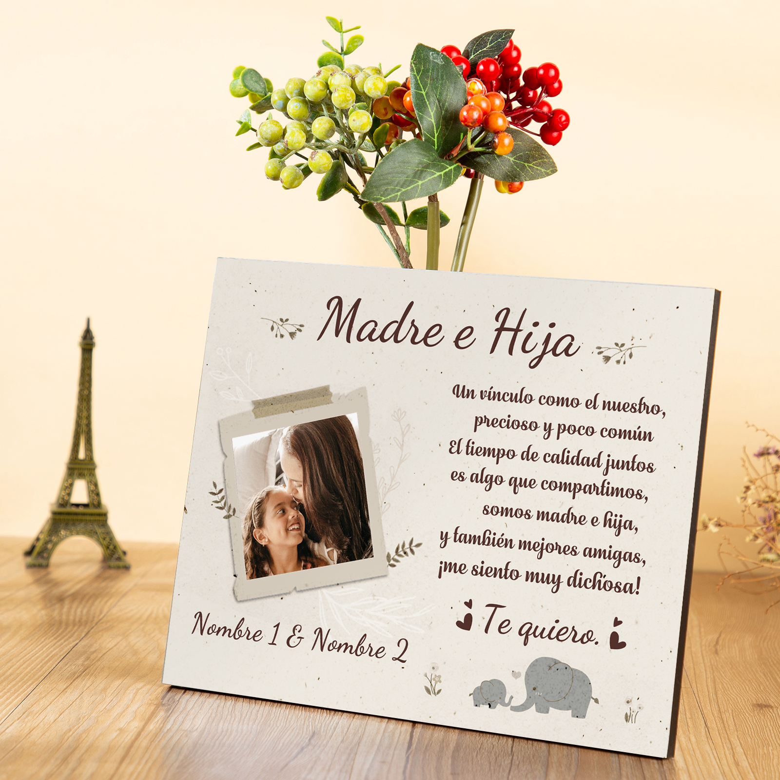 Madre e Hija-Lámina marco de madera 1 foto personalizada con texto