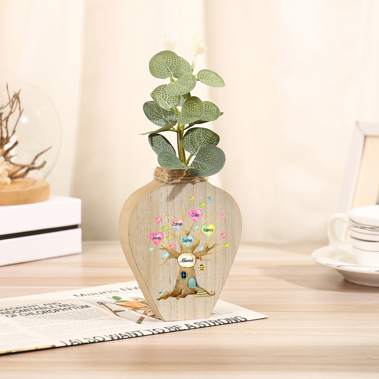 Florero de madera árbol de corazones 5 nombres personalizados con texto decoración del hogar-Jessemade ES