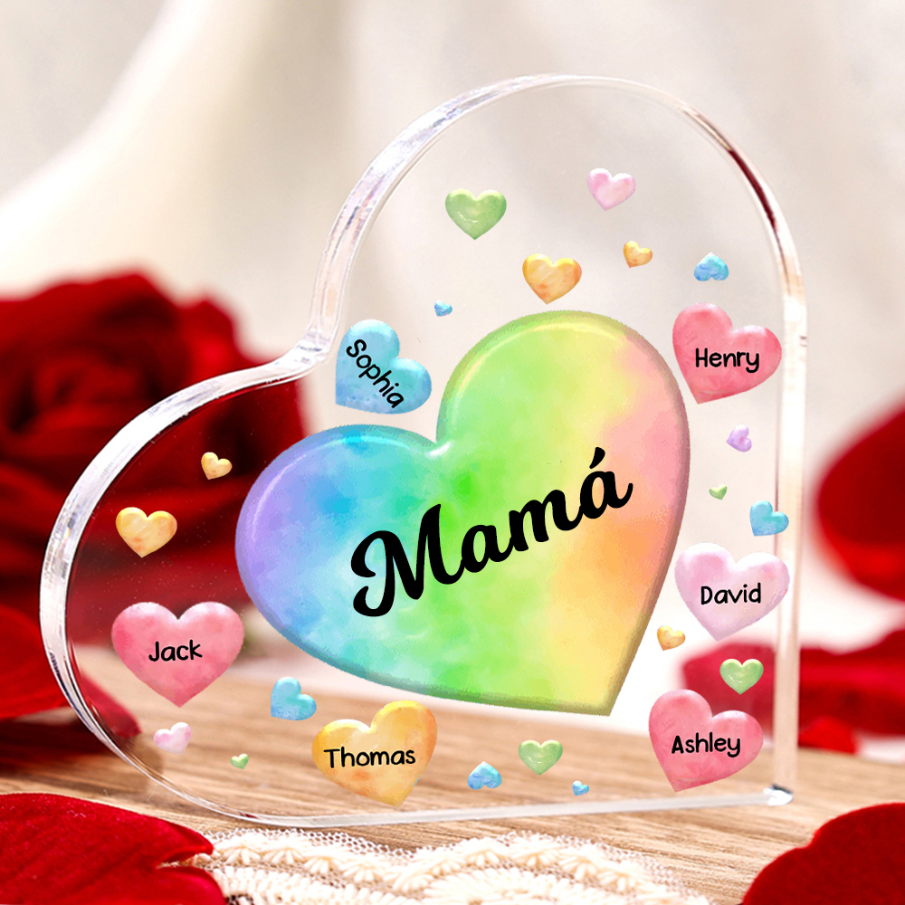 A mi mamá/abuela-Placa de acrílico "Corazones" en forma de corazón 6 nombres y 1 texto personalizados-Jessemade ES