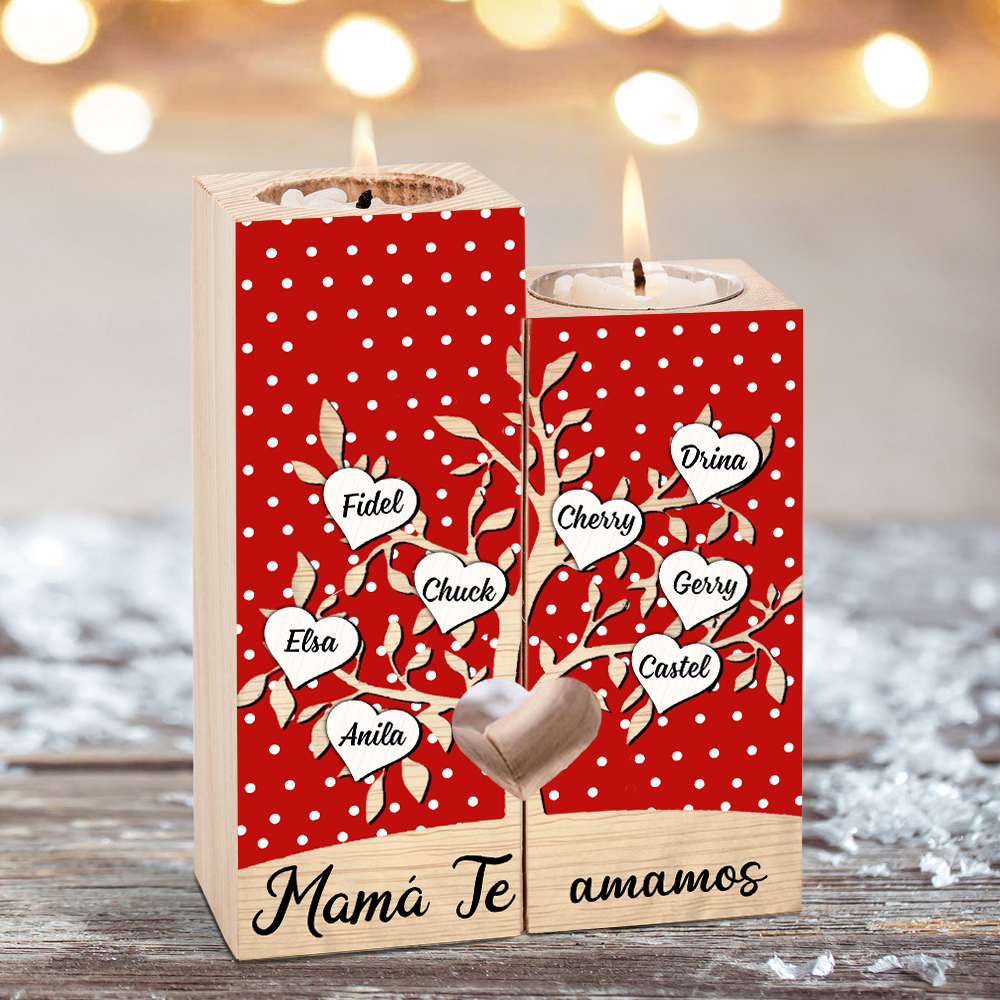 A la familia-Candelero de árbol de la vida de madera personalizado con 3-8 nombres y 1 texto sin vela-Jessemade ES