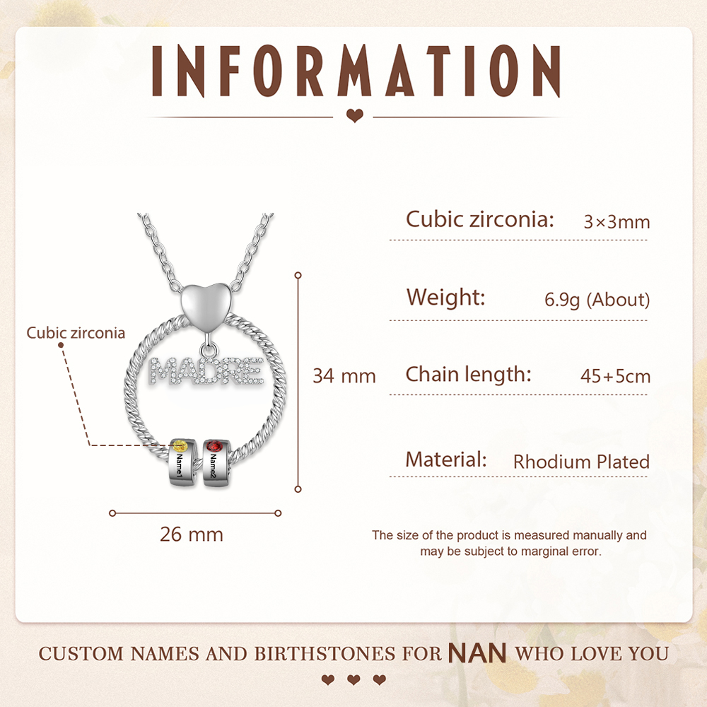 Collar con colgante de "MADRE" con 2 nombres y 2 piedras de nacimiento personalizados | Jessemade-Jessemade ES