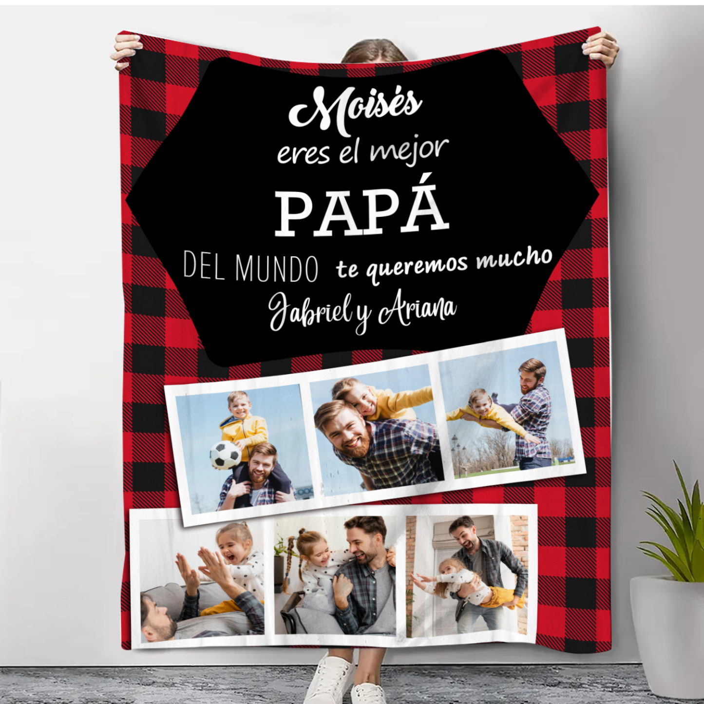 A mi padre de hij@s-Manta de buen calidad personalizada con 1 nombre, 1 texto y 6 fotos-Jessemade ES