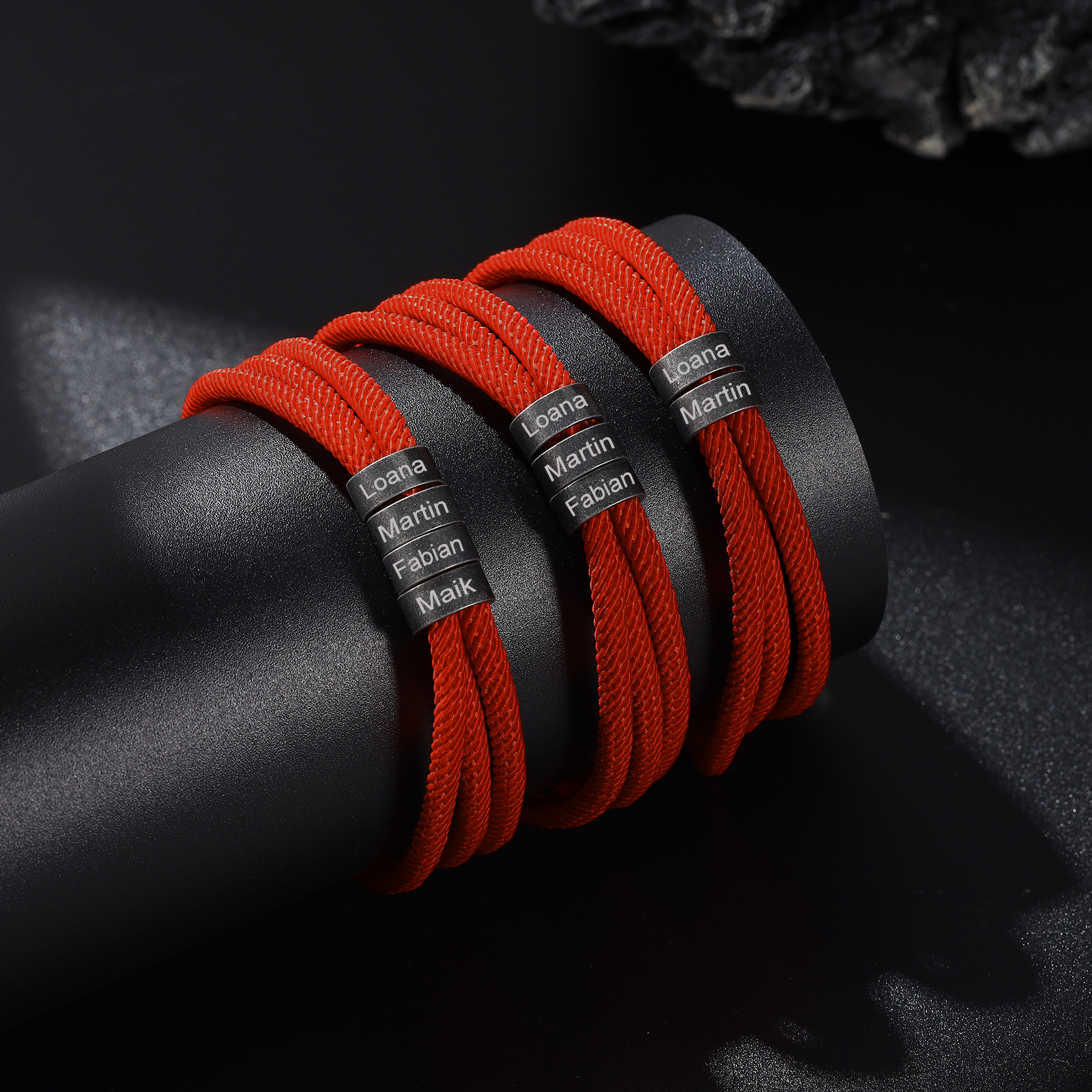 Pulsera de triple cuerda hilo rojo con 2 aros 2 nombres personalizados pulsera de hombre -Jessemade ES