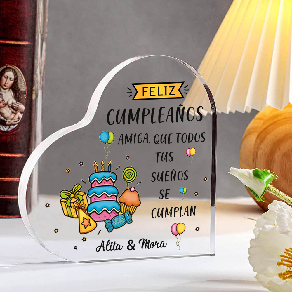 Cumpleaños-Placa de acrílico en forma de corazón para amiga con 2 nombres personalizados-Jessemade ES