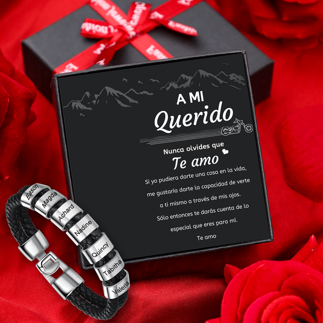 A mi querido-Pulsera de cuero trenzado Pulsera de hombre con 7 aros personalizados con 7 nombres-Jessemade ES
