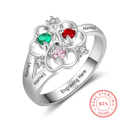 Anillo de Plata 925 con 3 Nombres Personalizados y 3 Piedras de Nacimiento