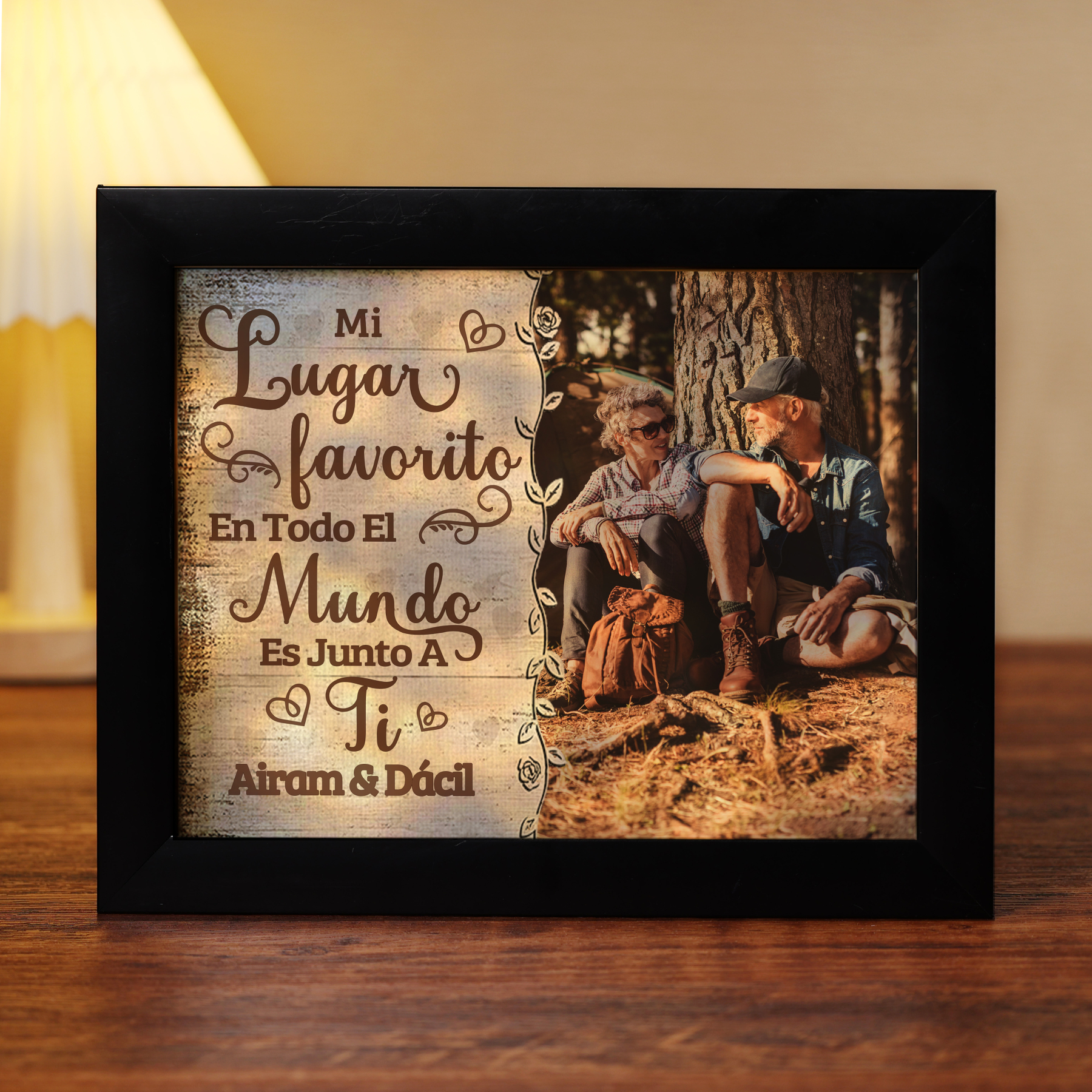 Marco de 1 foto de plástico para pareja 2 nombres personalizados con lámpara-Jessemade ES