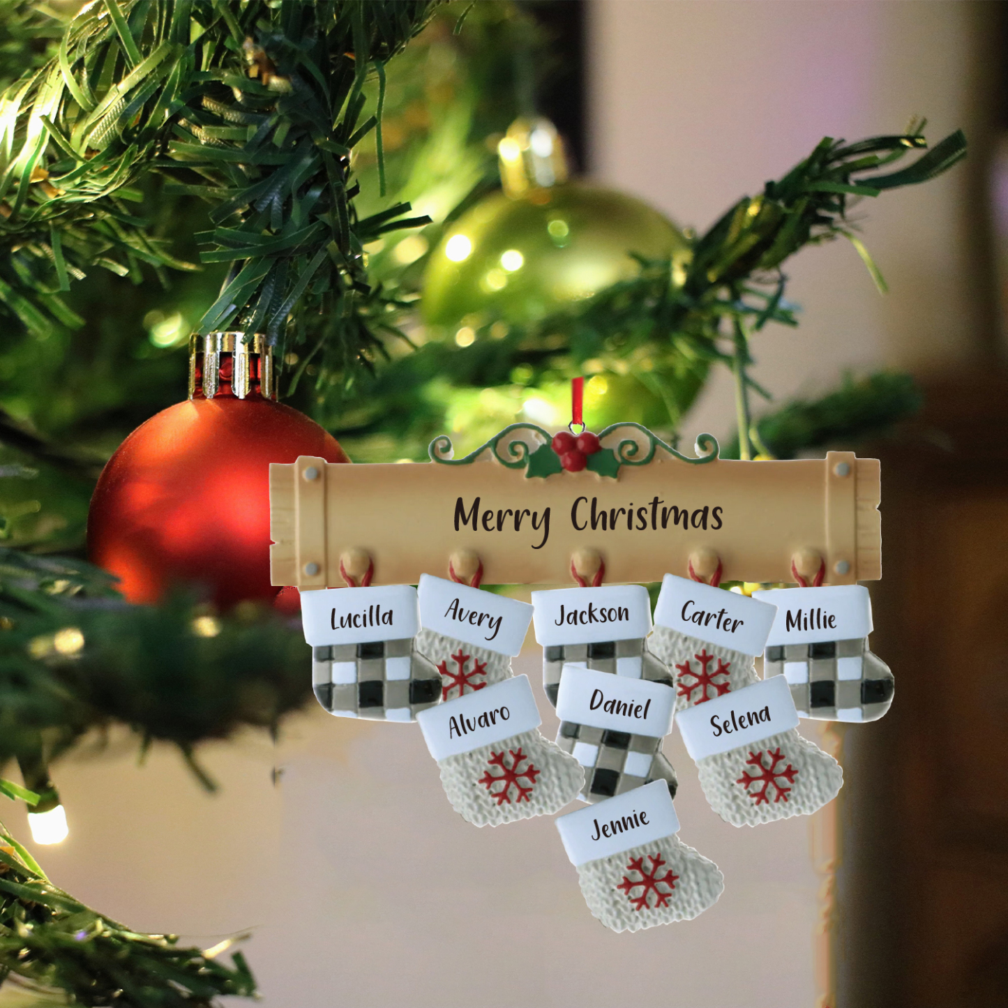 Navidad-Ornamento muñecos navideño de madera calcetines 9 nombres y 1 texto personalizados adorno del árbol-Jessemade ES