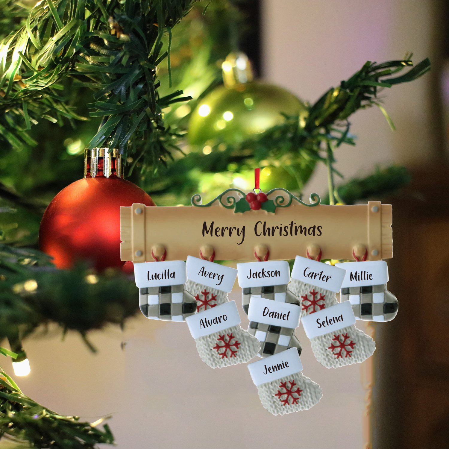 Navidad-Ornamento muñecos navideño de madera calcetines 9 nombres y 1 texto personalizados adorno del árbol-Jessemade ES
