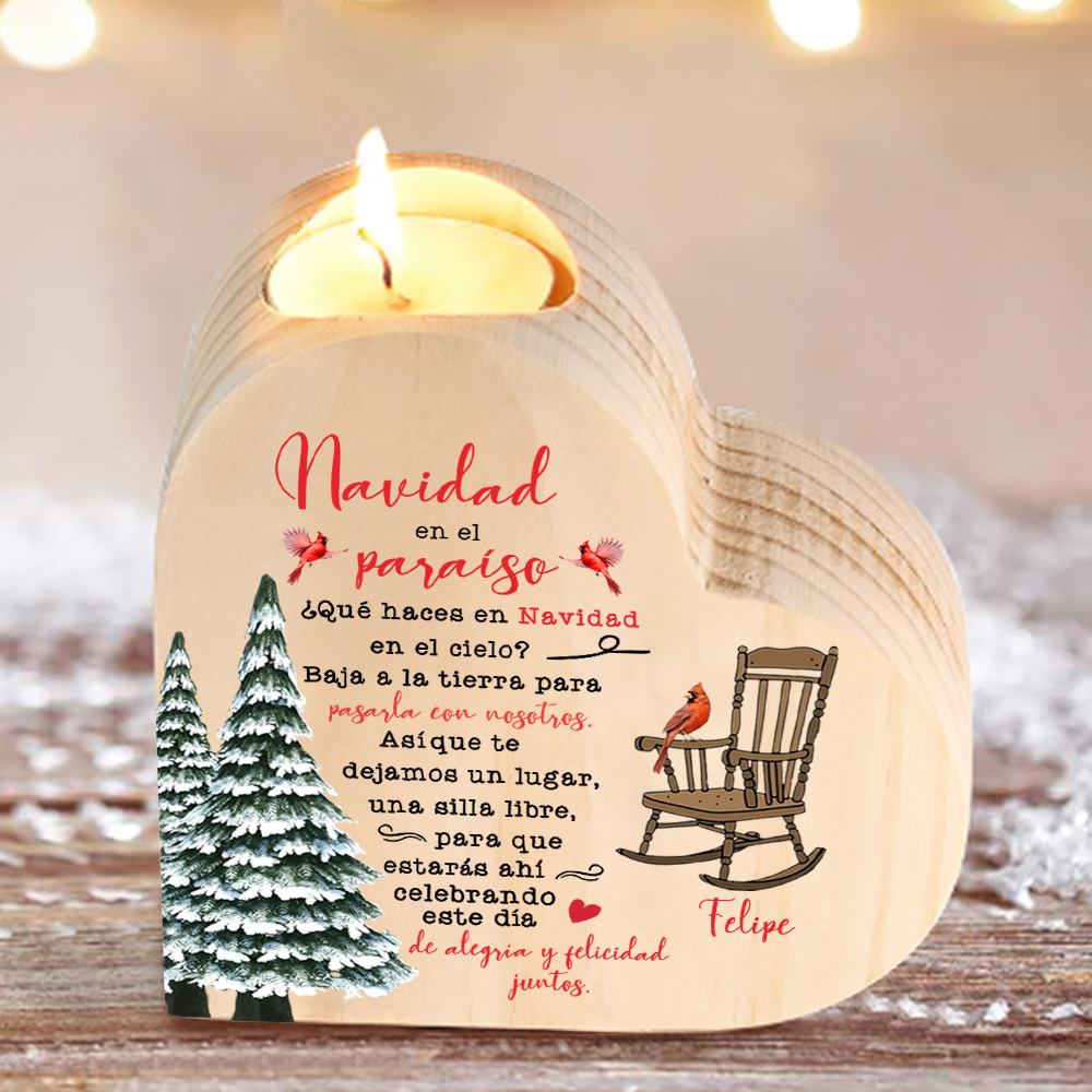 Navidad en el paraíso-Candelero de corazón en memoria de ser querido personalizado con nombre de madera sin vela-Jessemade ES