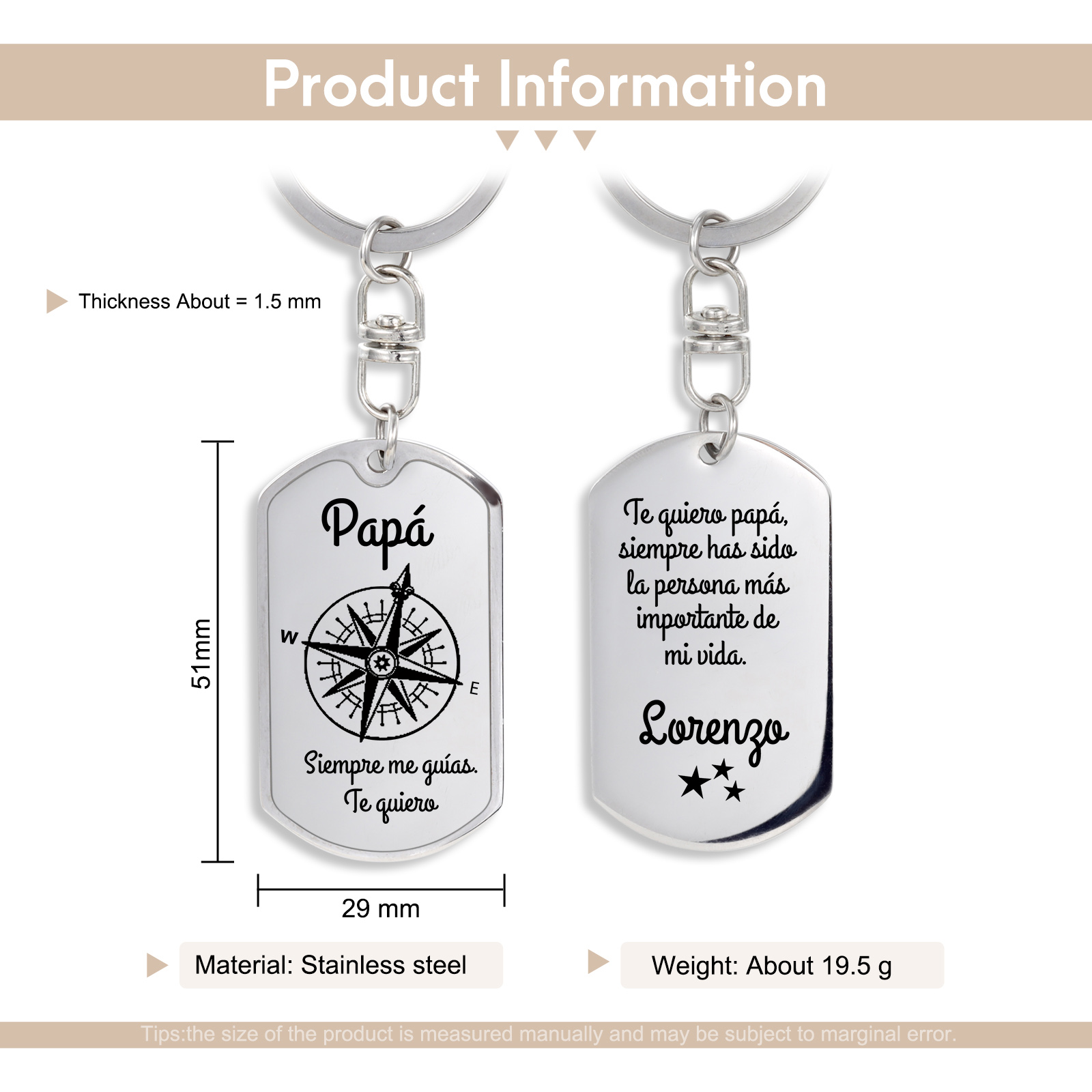 A mi papá-Llavero Personalizado Brújula "Me Guías" 1 Nombre-Jessemade ES