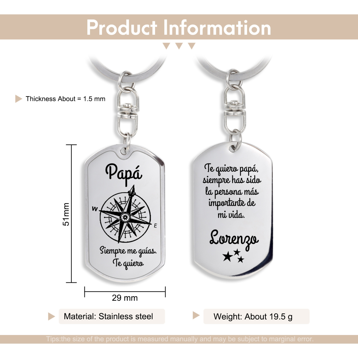 A mi papá-Llavero Personalizado Brújula "Me Guías" 1 Nombre-Jessemade ES