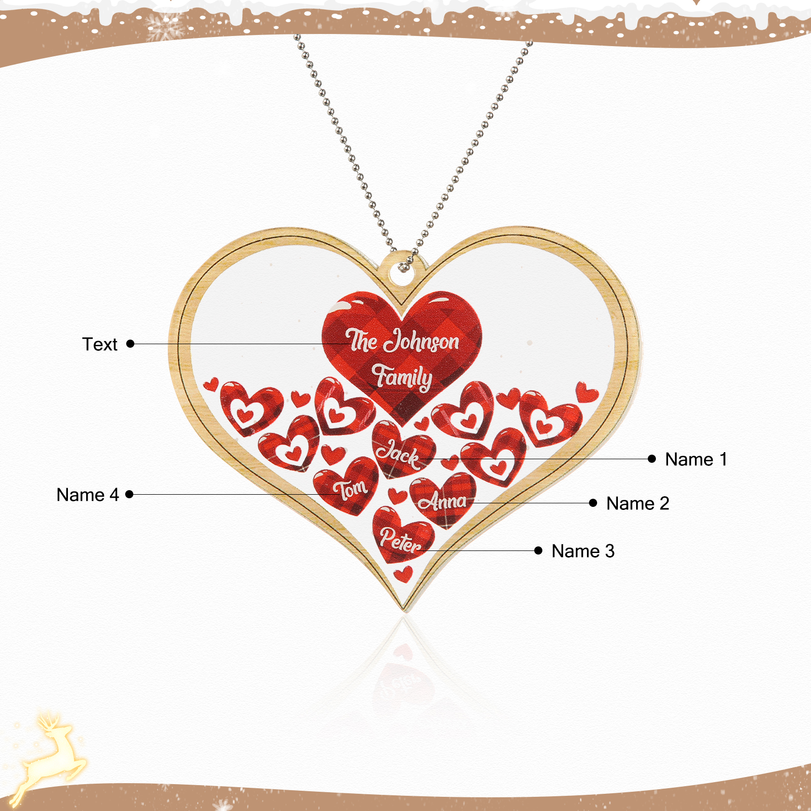 Navidad-Ornamento navideño de acrílico corazones con 4 nombres y 1 texto personalizados