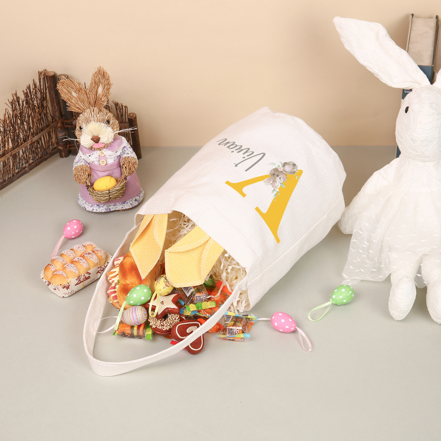 Pascua-Bolsa de conejo con 1 nombre y 1 letra personalizados-Jessemade ES