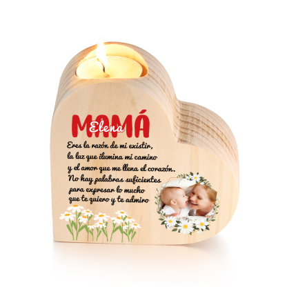 A mi mamá-Candelero con nombre y foto personalizados en forma de corazón de madera sin candela-Jessemade ES