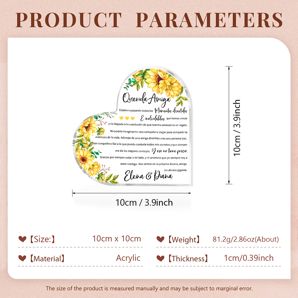 Placa de acrílico en forma de corazón para amiga con 1 texto personalizado-Jessemade ES