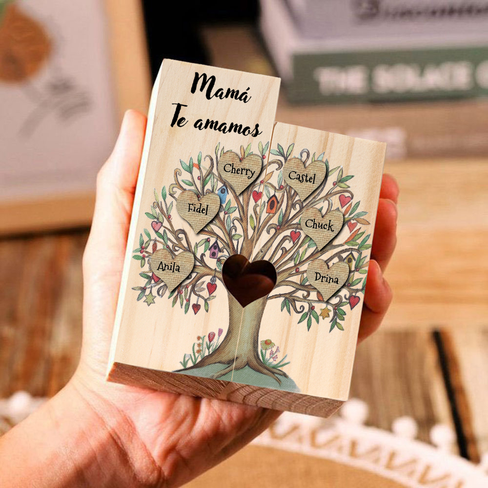 A la familia-Candelero de árbol de la vida de madera personalizado con 3-8 nombres y 1 texto sin vela-Jessemade ES