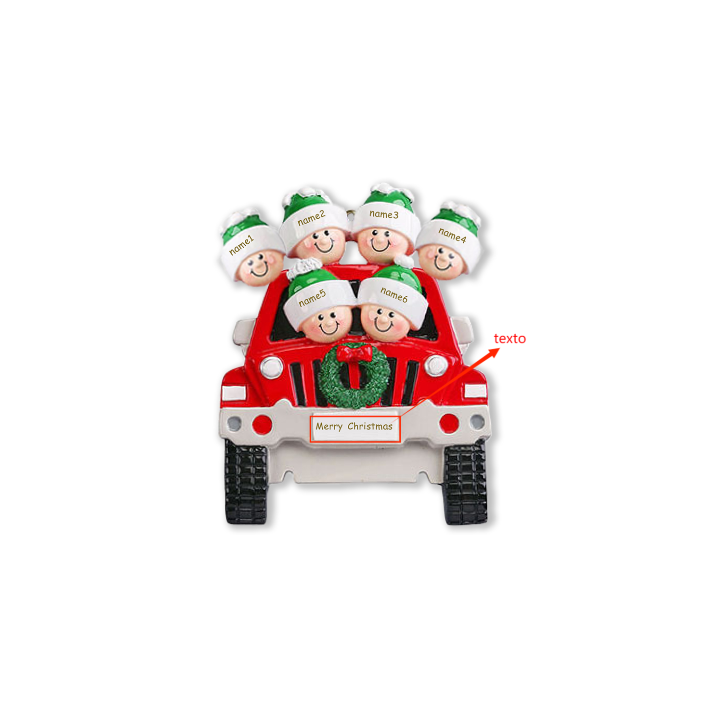 Navidad-Ornamentos con Muñecos Navideños en Coche 6 Nombres con Texto Personalizados Adorno de Resina
