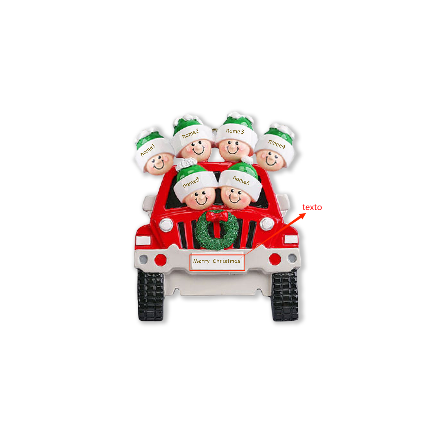 Navidad-Ornamentos con Muñecos Navideños en Coche 6 Nombres con Texto Personalizados Adorno de Resina