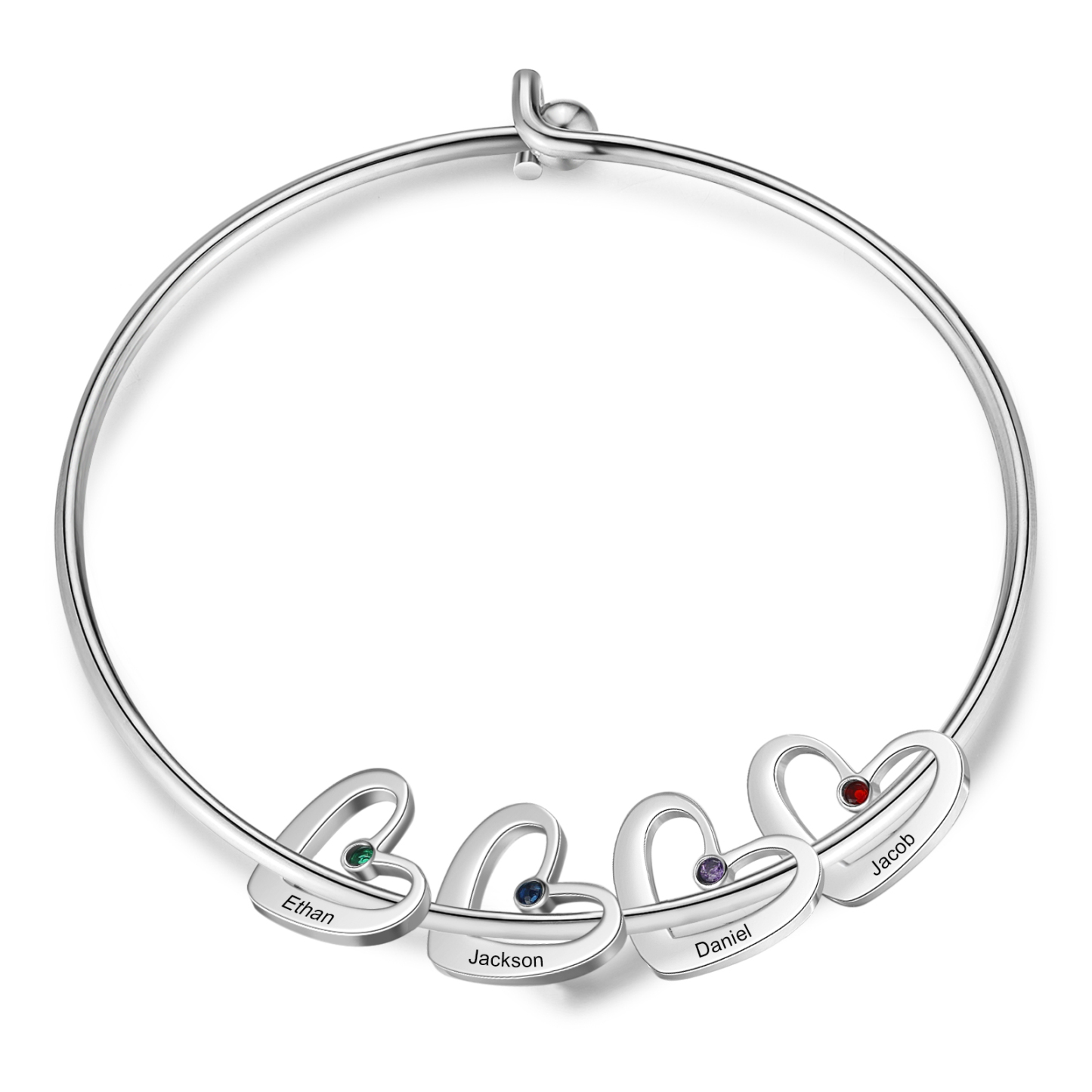 Pulsera 2-6 nombres y piedras de nacimiento personalizados con colgantes de corazón plateado