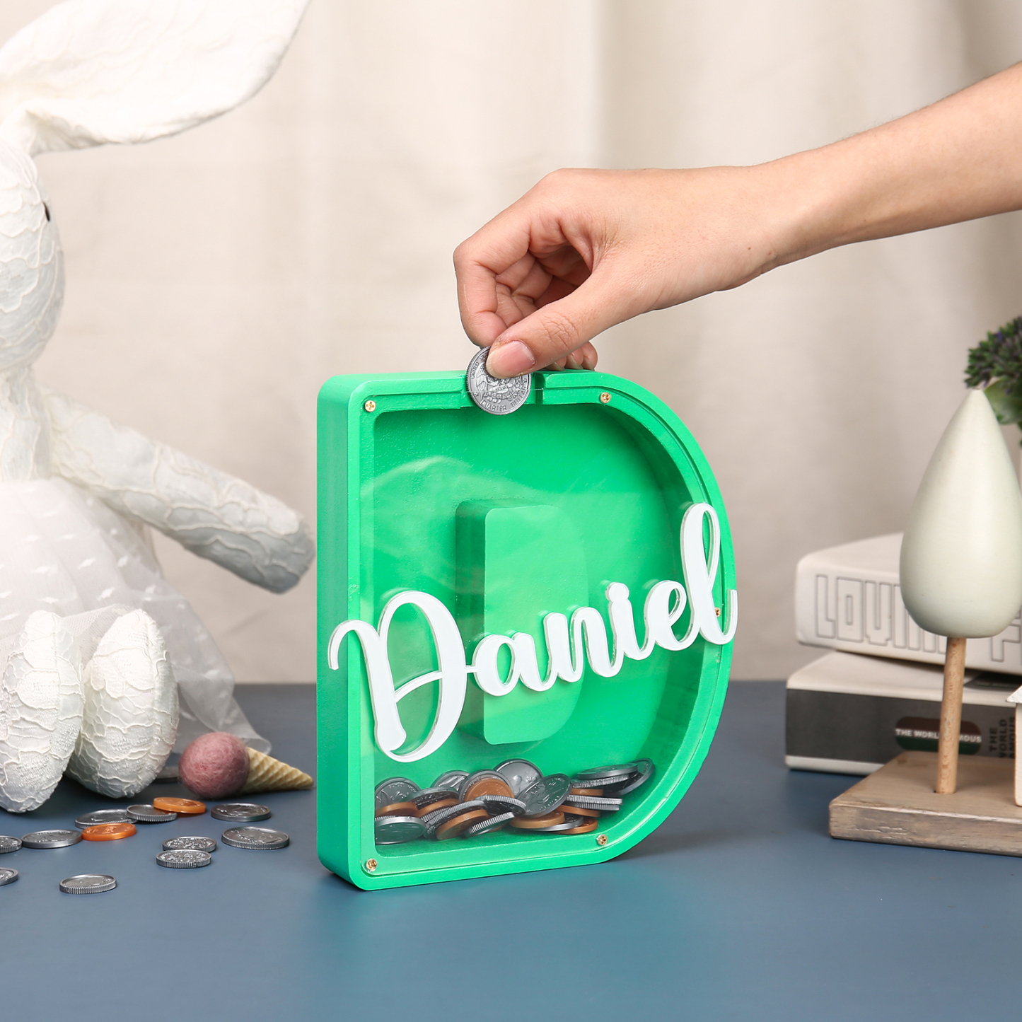 Alcancía de madera en forma de letras con 1 nombre personalizado hucha-Jessemade ES