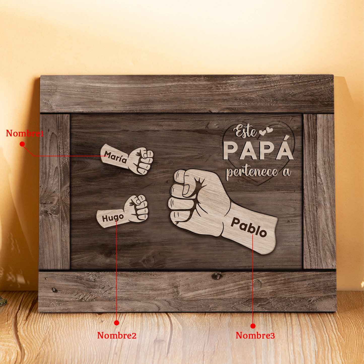 A mi papá - Lámina marco de madera puño con puño 3 nombres personalizados-Jessemade ES