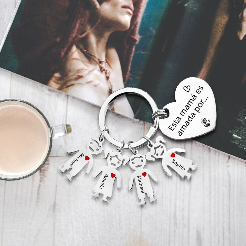 A mi mamá - Kit de regalo de cartera, llavero con "4 niños", tarjeta y caja nombre y flor de nacimiento personalizados | Jessemade