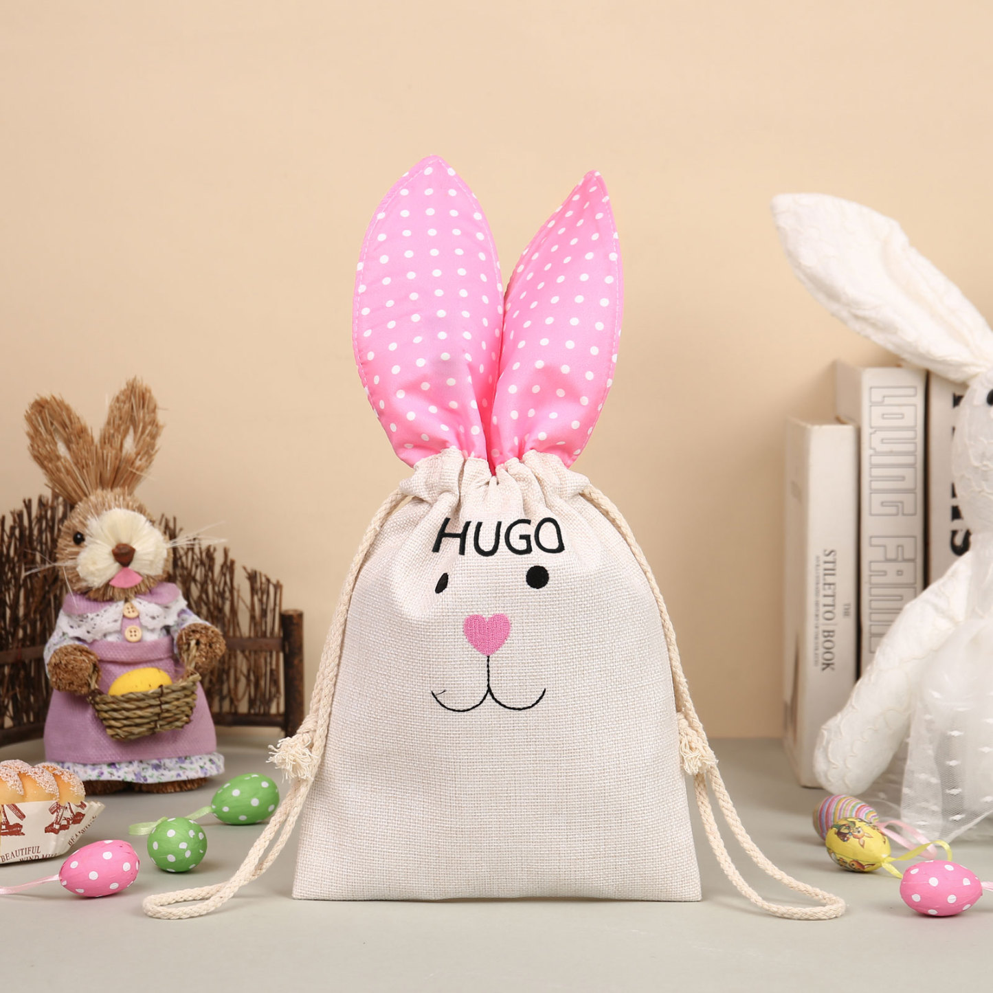 Pascua-Bolsa de conejo con 1 nombre personalizado-Jessemade ES