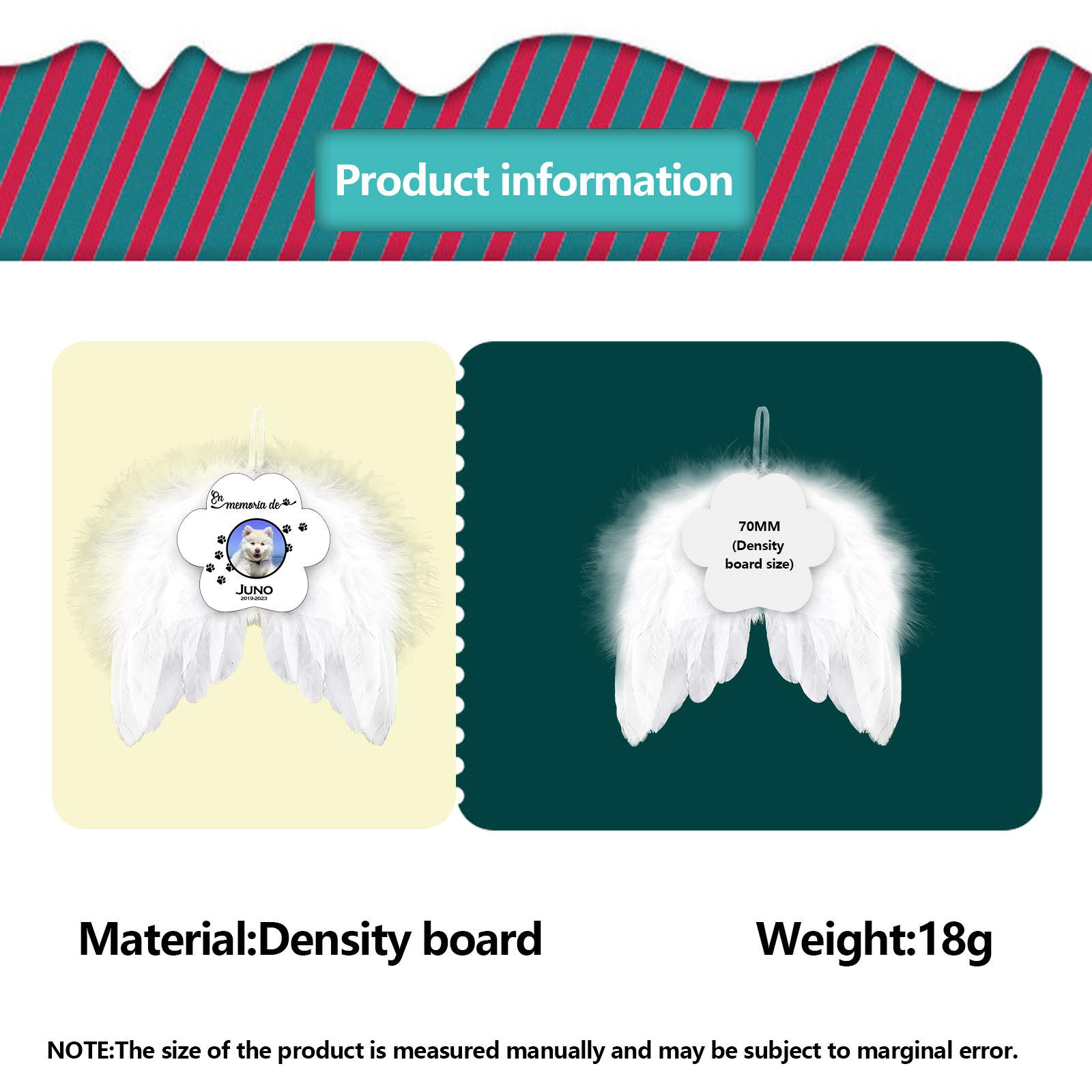 Navidad-Ornamento navideño alas de ángel en memoria de perros con 1 foto, 1 nombre y años personalizados-Jessemade ES