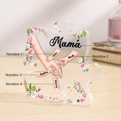 A mi mamá/abuela-Placa de acrílico en forma de corazón mano a mano con 1 texto y 4 nombres personalizados | Jessemade