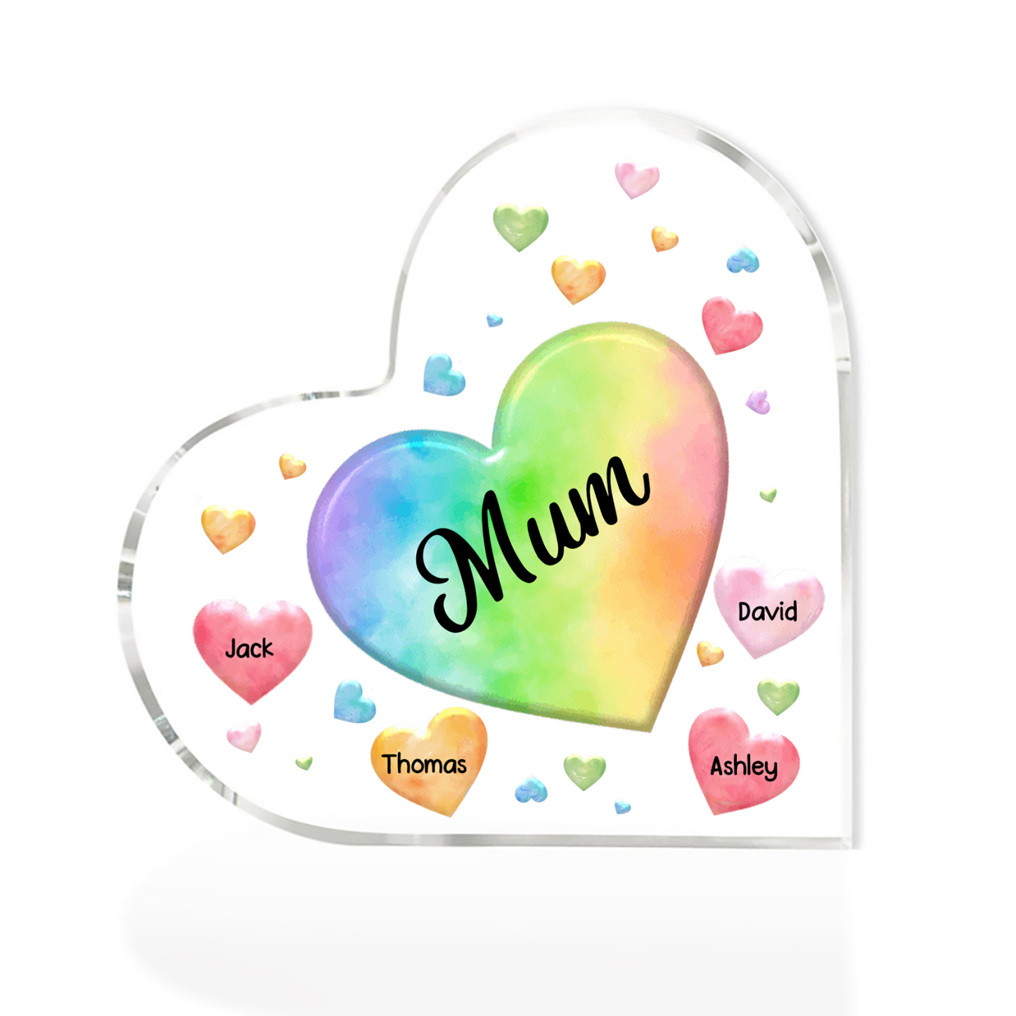 A mi mamá/abuela-Placa de acrílico "Corazones" en forma de corazón 4 nombres y 1 texto personalizados-Jessemade ES