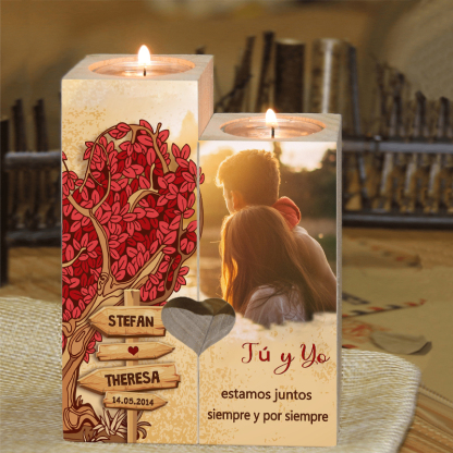 Candelero para pareja de madera de dos piezas sin candela con 2 nombres, fecha y foto personalizados-Jessemade ES