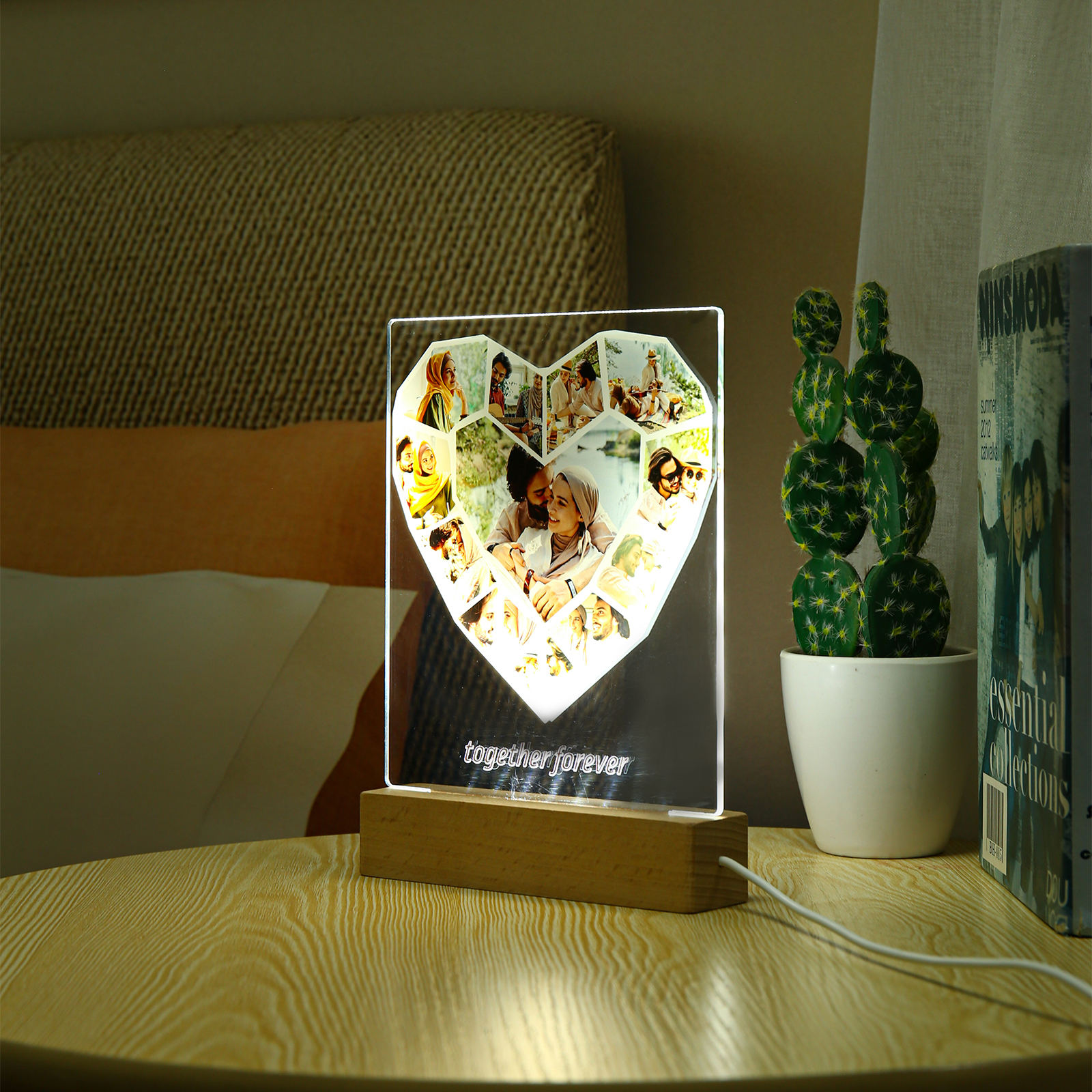 Lámpara 3D Ilusión Luz de noche LED en forma de corazón 12 Fotos con 1 texto