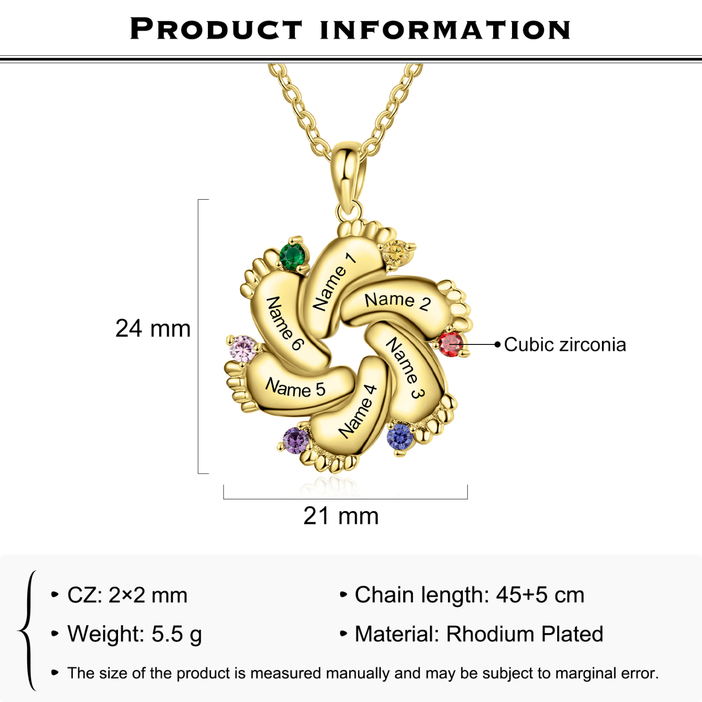 Collar pie de bebé con 1-6 nombres personalizados y 1-6 piedras de nacimiento color oro-Jessemade ES