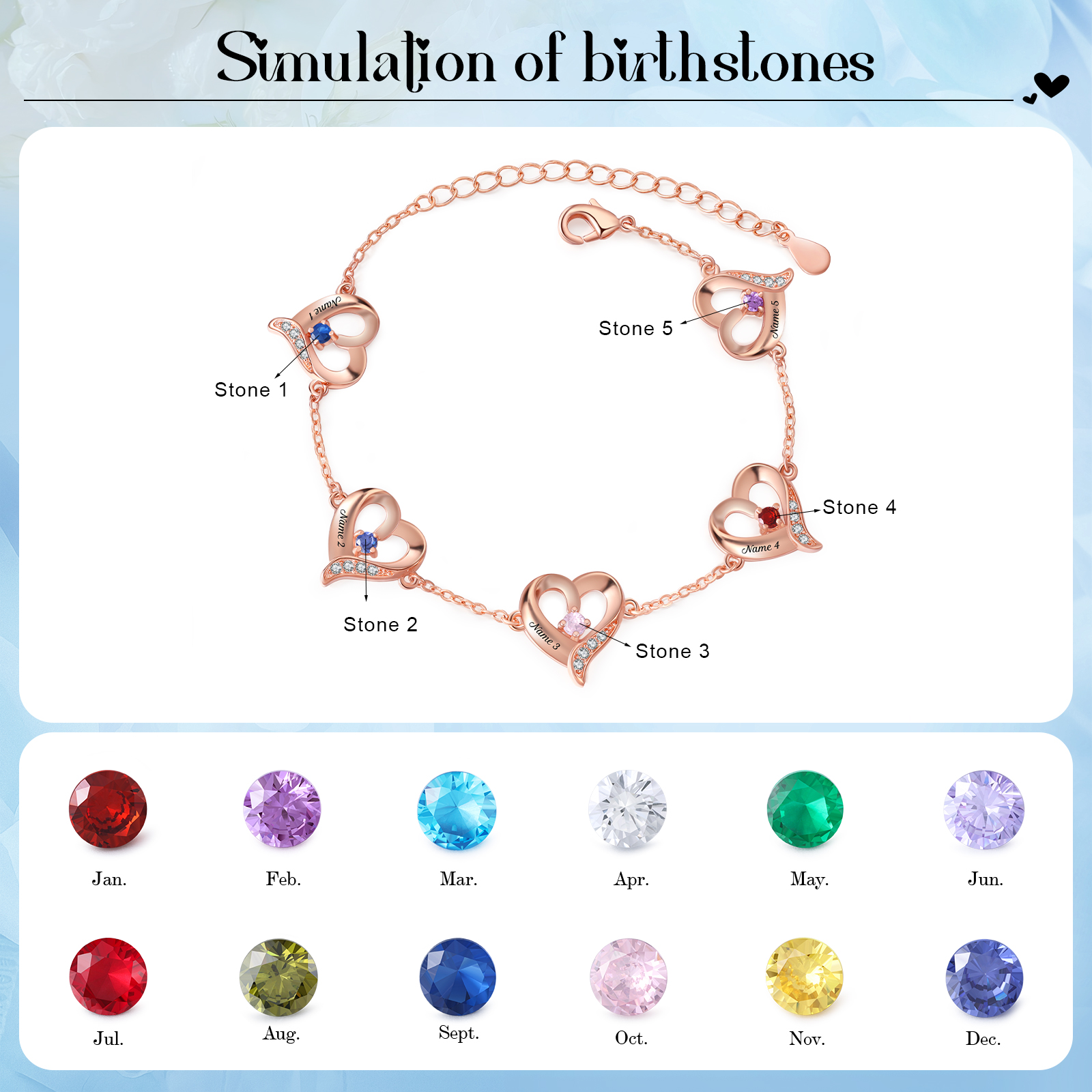 Pulsera 1-7 nombres y piedras personalizados con dije de corazón-Jessemade ES