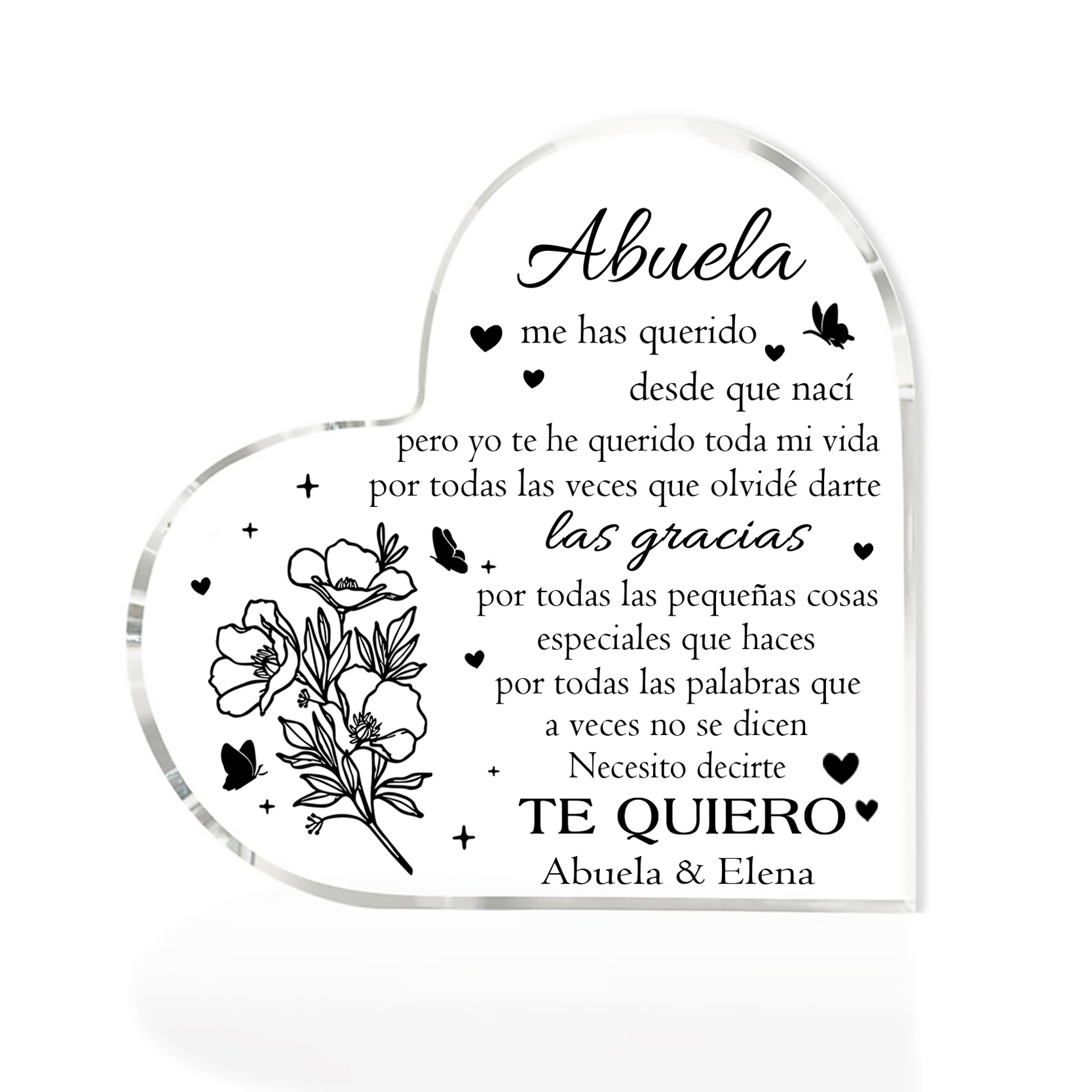 Abuela - Placa de acrílico en forma de corazón flores 2 nombres personalizados-Jessemade ES